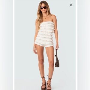 EDIKTED Robin Pointelle Ruffle Strapless Knit Romper white boho sleeveless XS/S